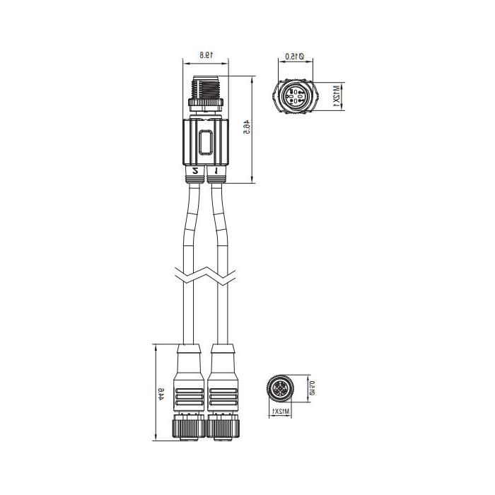 M12 4Pin male/2M8 3Pin female、Y-type pre cast PUR drag chain cable、Black sheath、64D421-XXX